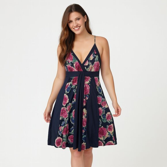 Orchids Blue Pink Floral Strappy Sundress Med Fit and Flare Summer Dress Lined - Picture 1 of 15